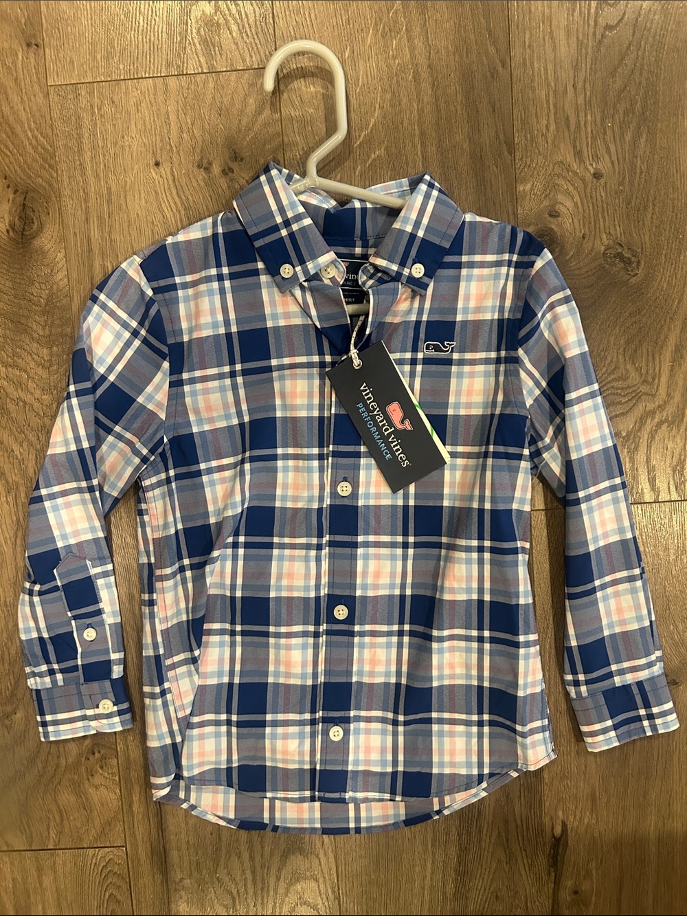 Vineyard Vines Boys Navy and Light Pink Plaid Button-Down Shirt